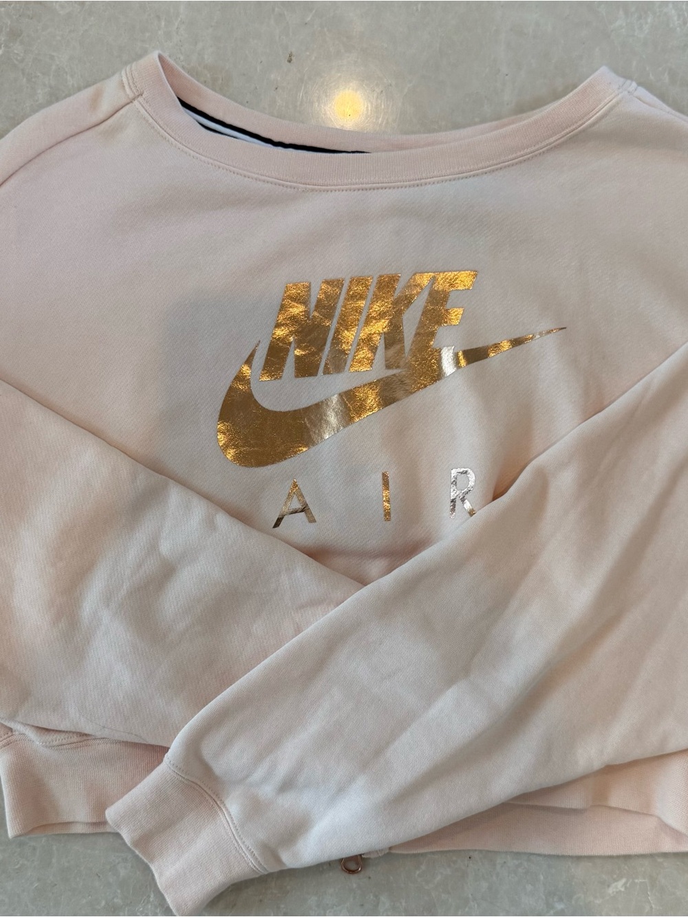 Nike Pink Sweatshirt with Metallic rose Gold NIKE AIR Logo cropped Sz S